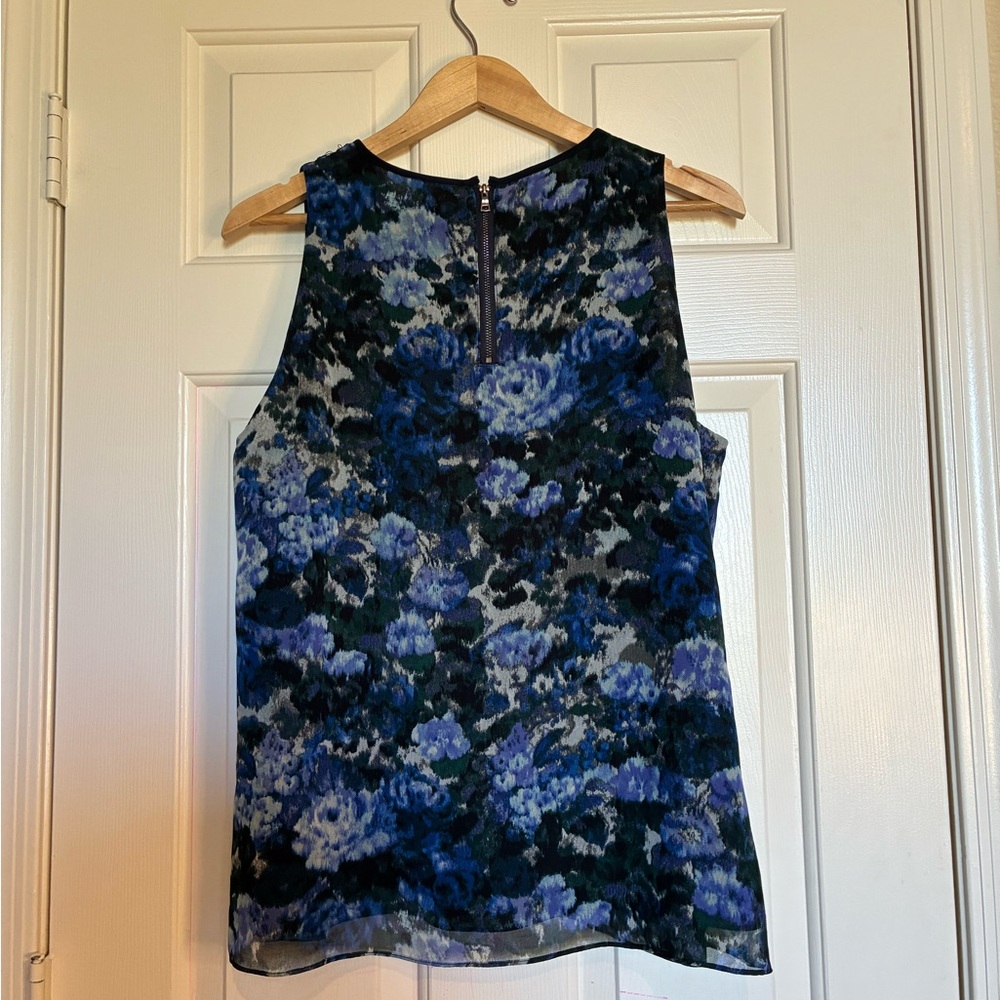 Adrianna Papell Blue and Black Floral Blouse With Black Lace Accents - Picture 3 of 7